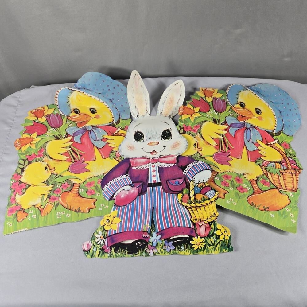 Vintage Used Easter Die Cut Cardboard Window‎ Wall Decoration Bunny Chick READ